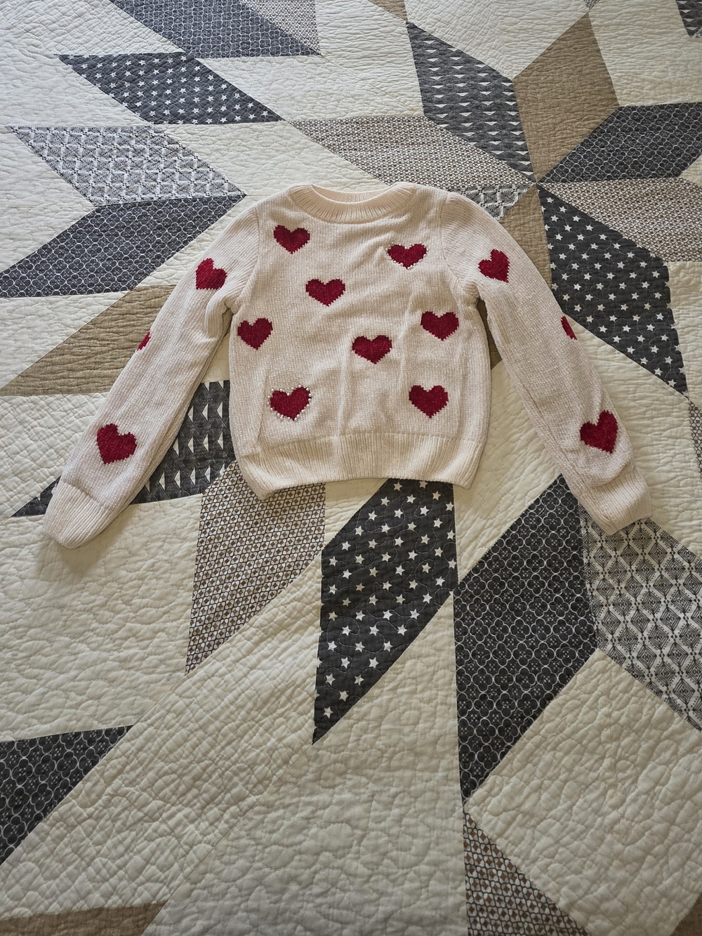 Girls Cream Sweater with Red Heart Pattern